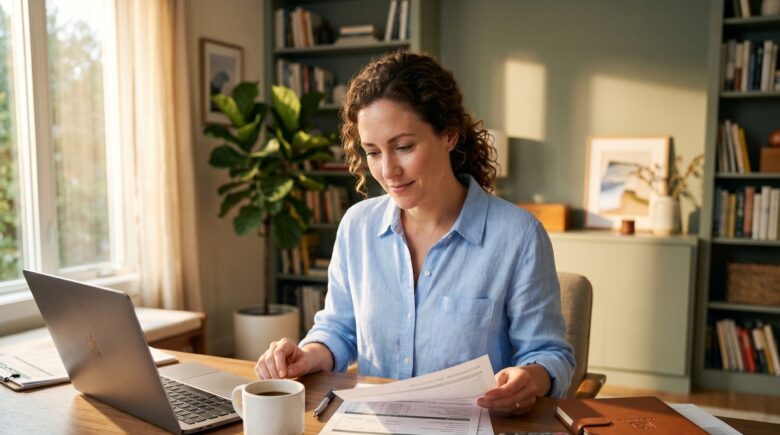 Self-employed borrower reviewing tax returns and mortgage documents at a home office desk