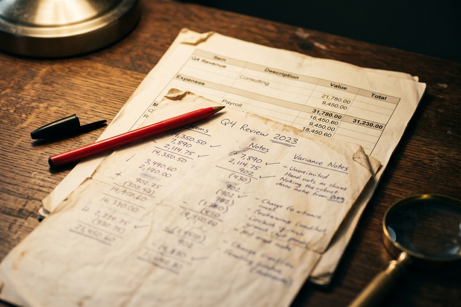 Self-employed borrower reviewing mortgage documents and bank statements at desk