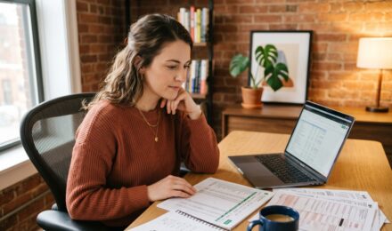 A freelancer reviewing self-employment tax documents at a desk with a laptop and calculator