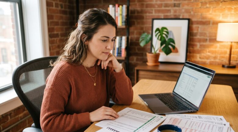 A freelancer reviewing self-employment tax documents at a desk with a laptop and calculator