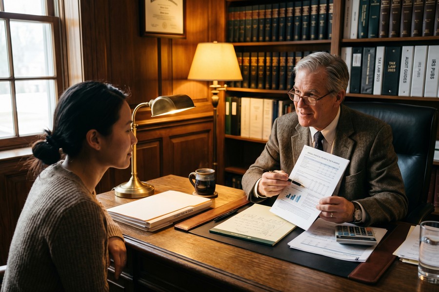 Self-employed person comparing tax software on laptop versus meeting with a CPA