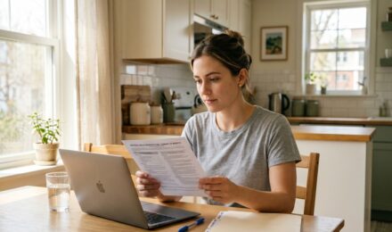 Person reviewing a short-term health insurance policy document at a desk with a laptop and calculator