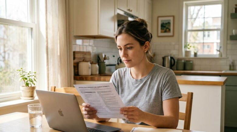 Person reviewing a short-term health insurance policy document at a desk with a laptop and calculator