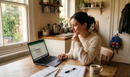 Single mother reviewing monthly household expenses and bills at a kitchen table with a laptop and calculator