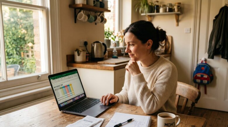Single mother reviewing monthly household expenses and bills at a kitchen table with a laptop and calculator