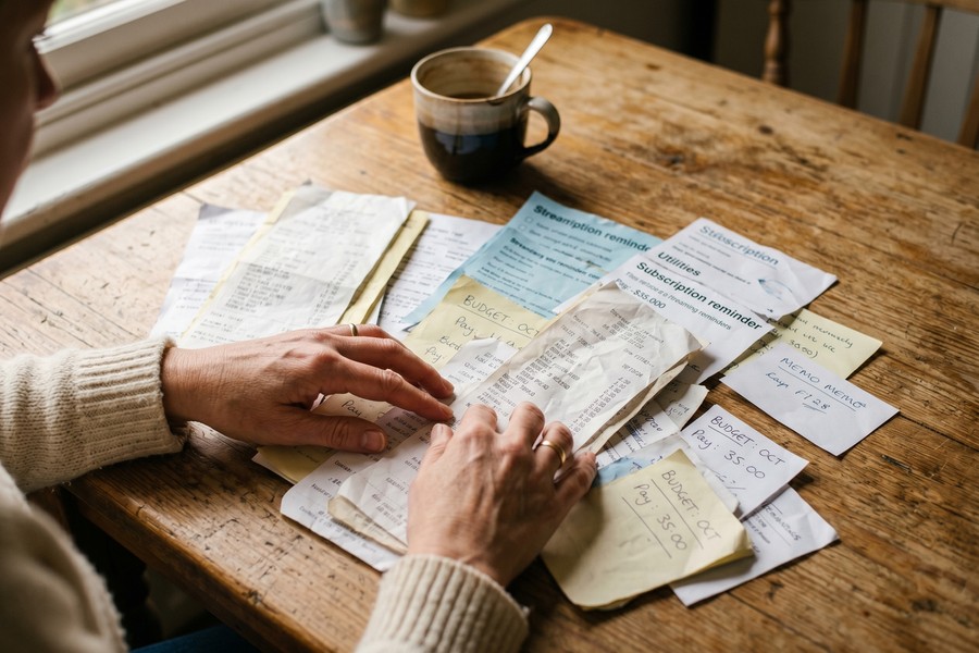 Single mom reviewing bank statements and monthly budget on laptop at kitchen table