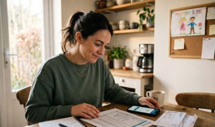 Single mother reviewing a debt payoff budget spreadsheet at a kitchen table with bills and a calculator nearby