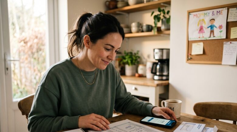 Single mother reviewing a debt payoff budget spreadsheet at a kitchen table with bills and a calculator nearby