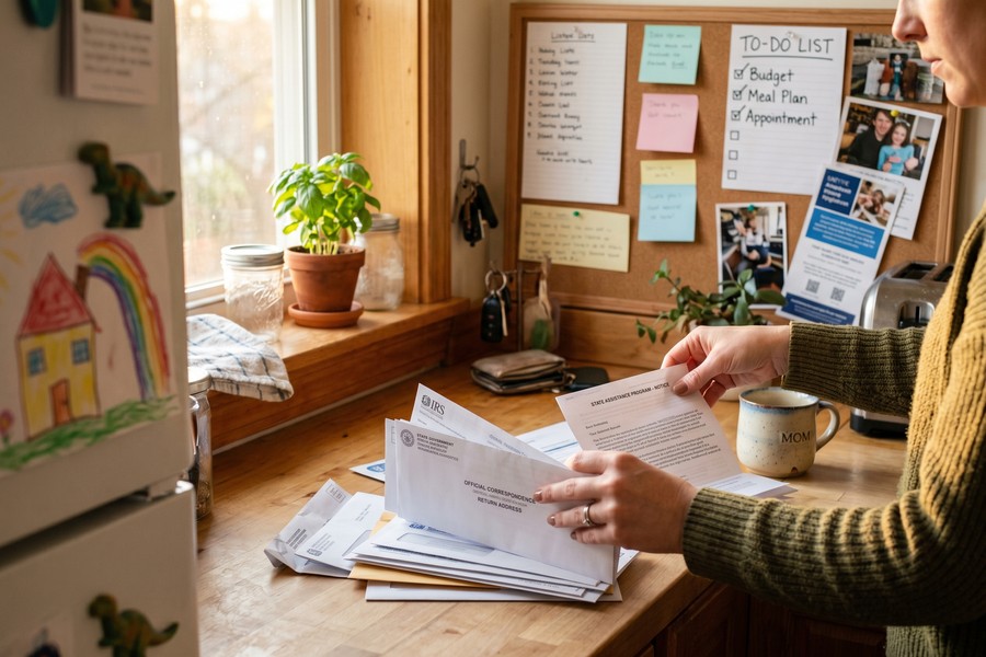 Single mother reviewing tax documents and debt payoff chart at kitchen table
