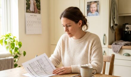 Single mother reviewing budget and debt payoff plan at home