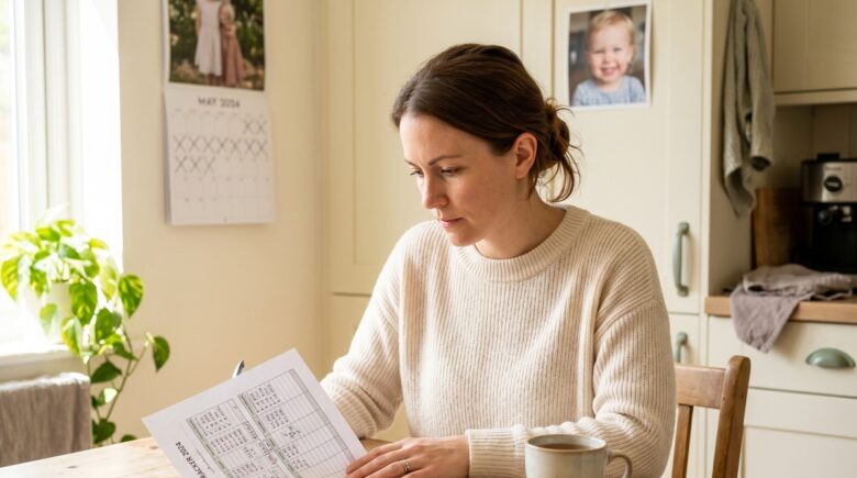 Single mother reviewing budget and debt payoff plan at home