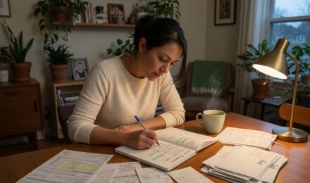 Single mother at laptop reviewing monthly bills and expenses on kitchen table