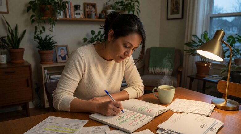 Single mother at laptop reviewing monthly bills and expenses on kitchen table