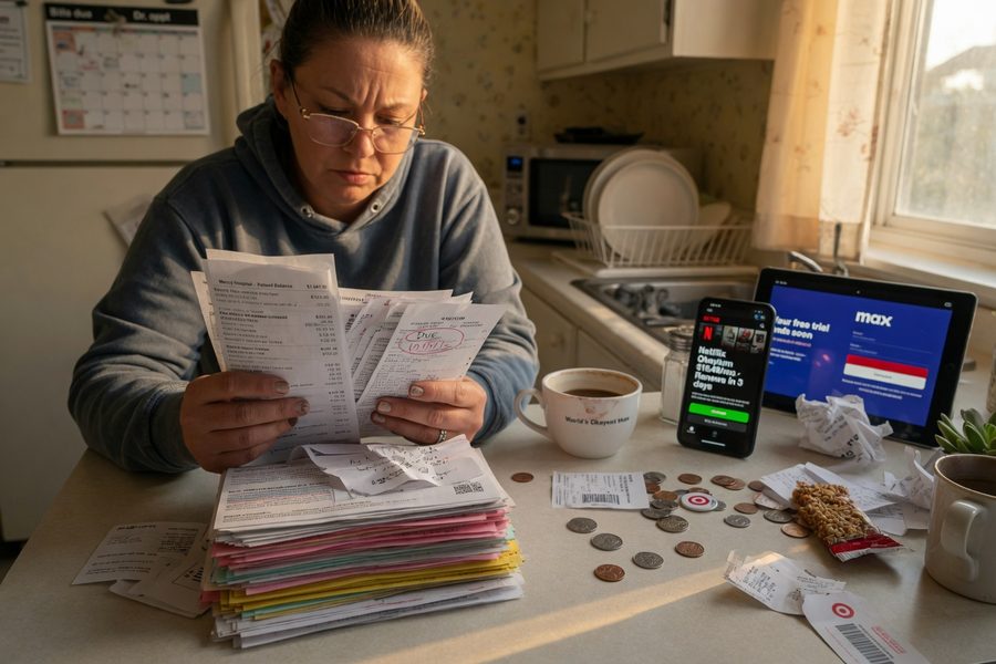 Single mom reviewing monthly budget on laptop at kitchen table with child nearby
