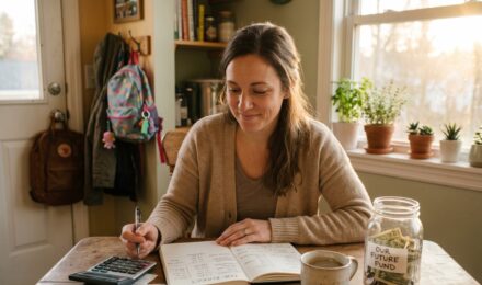 Single mother sitting at a kitchen table reviewing a budget notebook with a calculator and bills spread in front of her