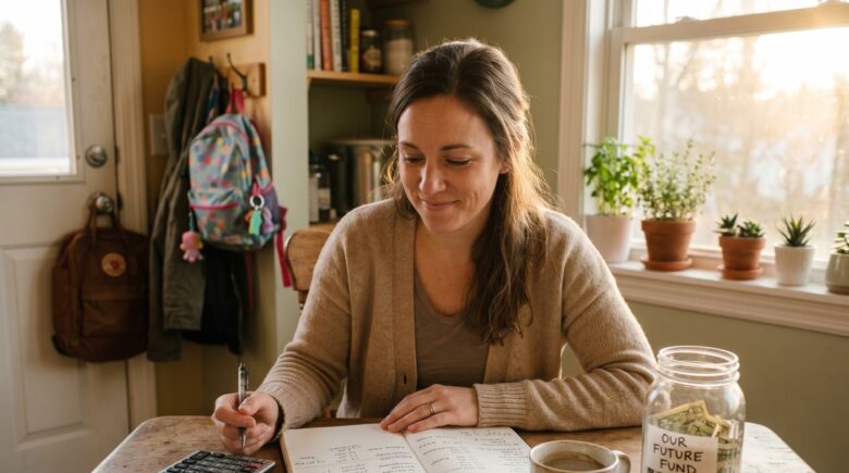 Single mother sitting at a kitchen table reviewing a budget notebook with a calculator and bills spread in front of her