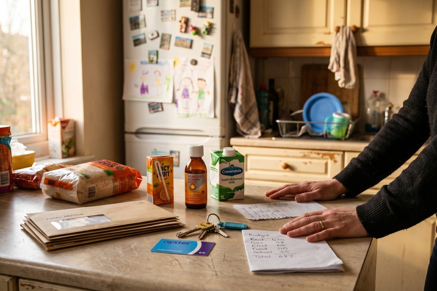 Single mother reviewing monthly budget spreadsheet at kitchen table with child nearby