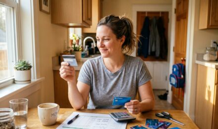 Single mother reviewing credit card statements and a debt payoff plan at a kitchen table with a laptop and calculator