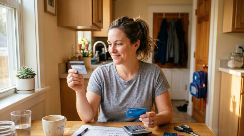 Single mother reviewing credit card statements and a debt payoff plan at a kitchen table with a laptop and calculator