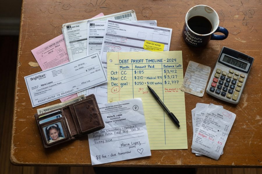 Single mom reviewing a handwritten budget spreadsheet at kitchen table
