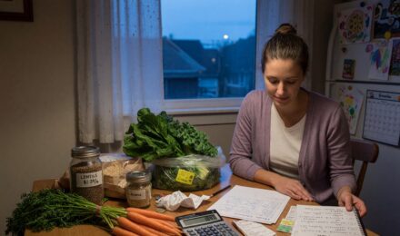 Single mother organizing groceries and meal plan at kitchen table
