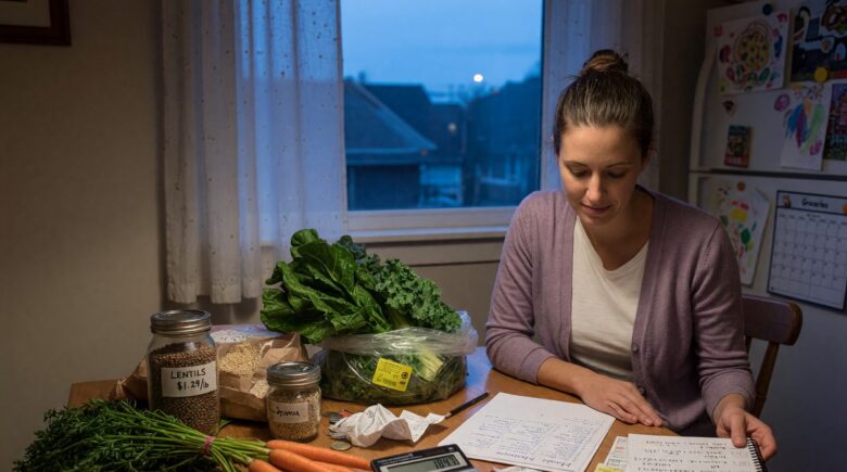 Single mother organizing groceries and meal plan at kitchen table
