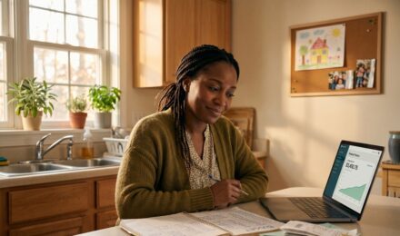 Single mother sitting at a kitchen table reviewing her budget and savings plan on a laptop