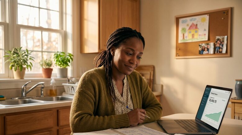 Single mother sitting at a kitchen table reviewing her budget and savings plan on a laptop