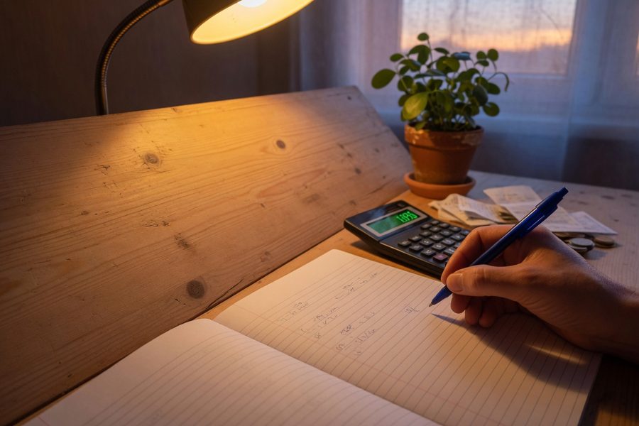 A single parent reviewing a brokerage statement on a tablet while a child reads nearby