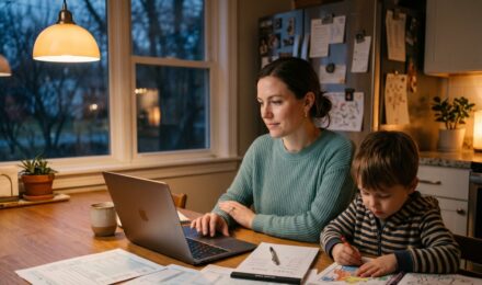 Single mother sitting at a kitchen table reviewing tax documents and receipts on a laptop