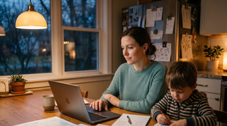 Single mother sitting at a kitchen table reviewing tax documents and receipts on a laptop