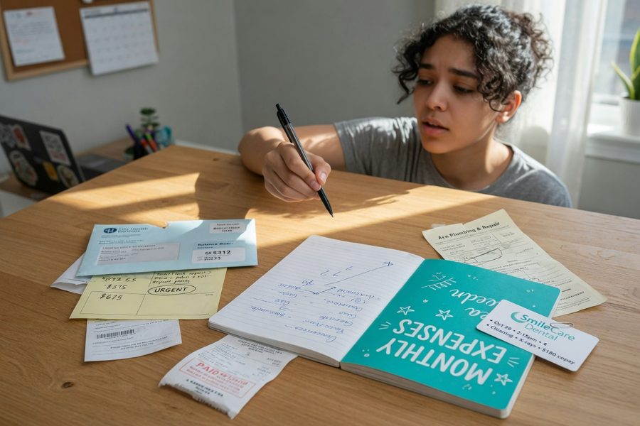A monthly budget planner notebook with labeled savings envelopes for different sinking fund categories