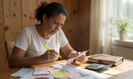 Small business owner reviewing tax deductions and business expense receipts
