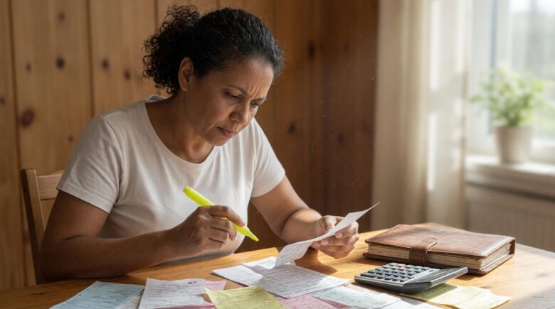 Small business owner reviewing tax deductions and business expense receipts