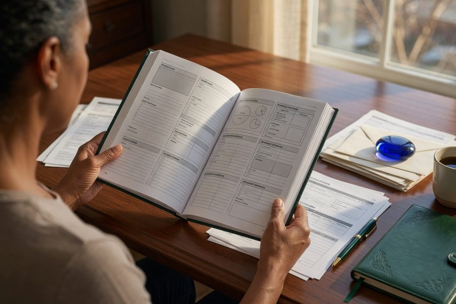 Retirement plan documents and a calculator on a small business owner's desk