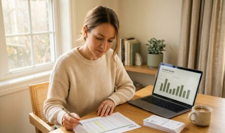 Freelancer reviewing income and expenses at a desk with a notebook, laptop, and multiple bank account statements