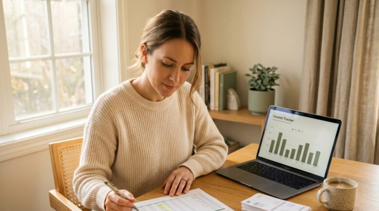 Freelancer reviewing income and expenses at a desk with a notebook, laptop, and multiple bank account statements