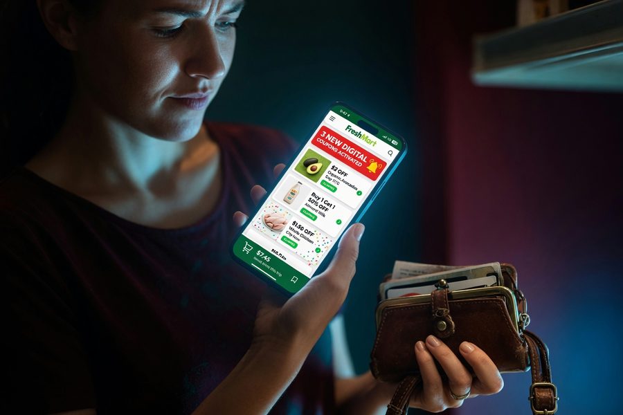 Side-by-side comparison of paper coupon savings versus digital app-exclusive discount dashboard