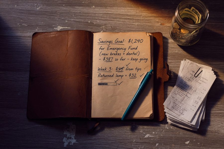 Person writing a grocery shopping list with a weekly store circular open beside them