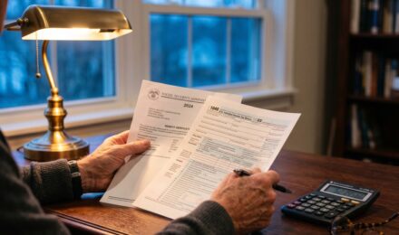 Senior couple reviewing retirement tax planning documents at home