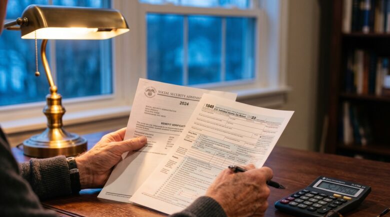 Senior couple reviewing retirement tax planning documents at home