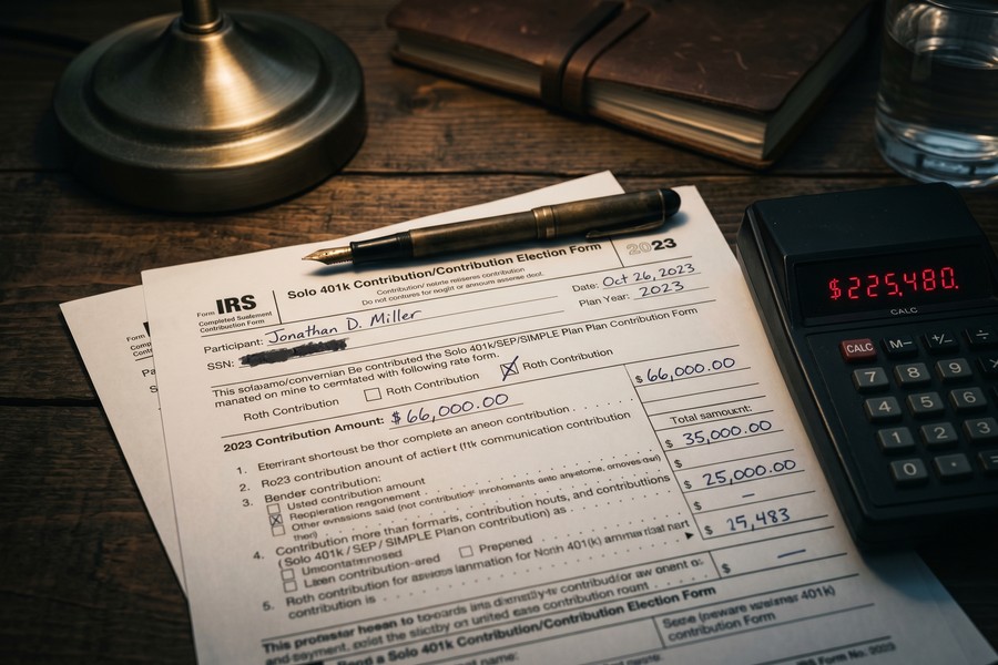 Freelancer reviewing retirement account options on laptop with tax documents and calendar on desk