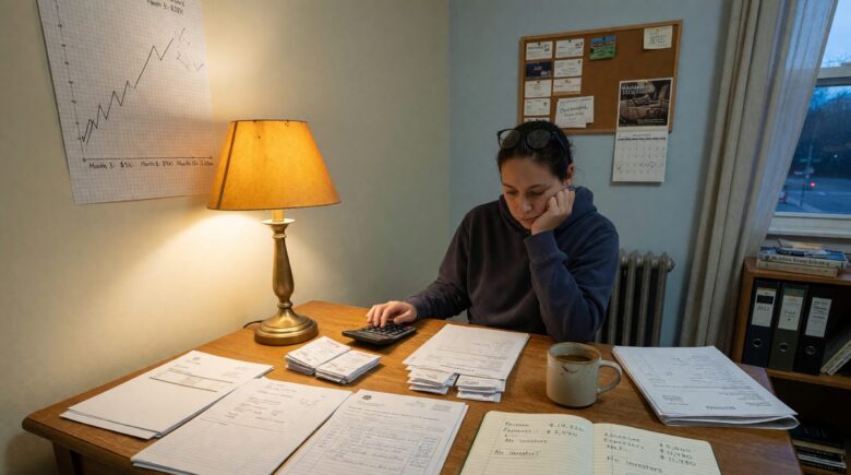 Solo founder working at desk with laptop and financial charts showing $200K revenue milestone