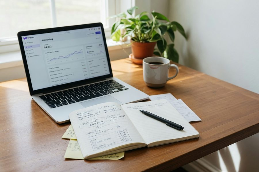 Simple home office desk setup showing laptop, notebook, and basic tools for solo founder work