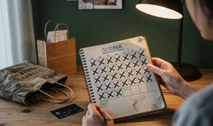 Calendar marking the start of a 30-day spending freeze challenge with coins and receipts