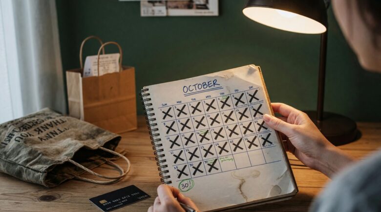 Calendar marking the start of a 30-day spending freeze challenge with coins and receipts