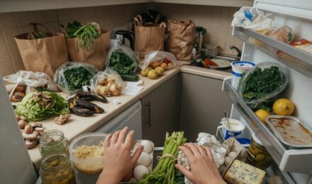 Person reviewing grocery list and checking refrigerator before shopping