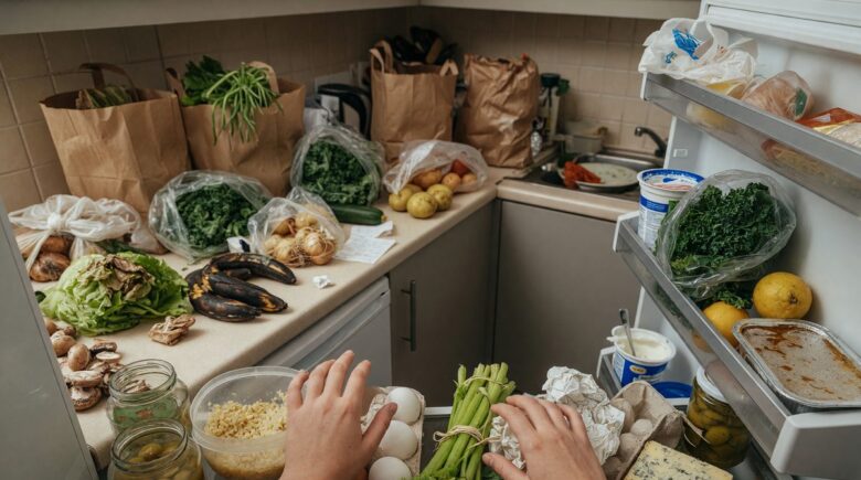 Person reviewing grocery list and checking refrigerator before shopping