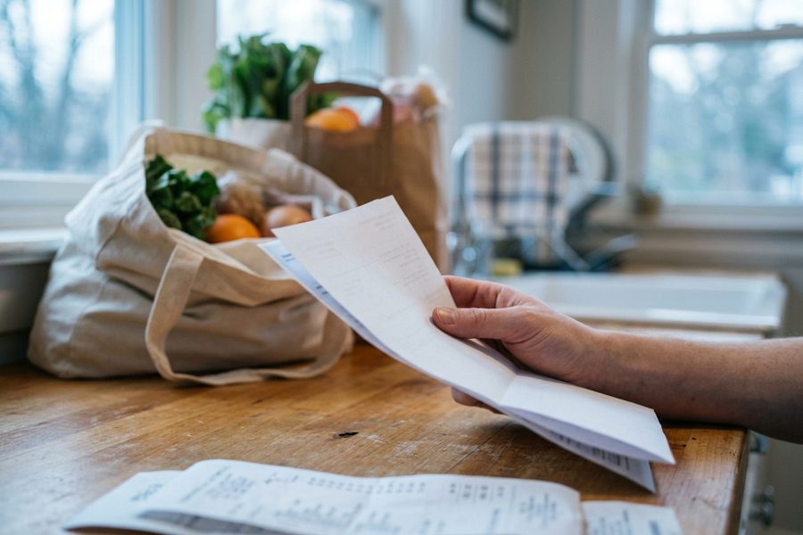 Credit card statement with grocery charges highlighted against a backdrop of fresh produce