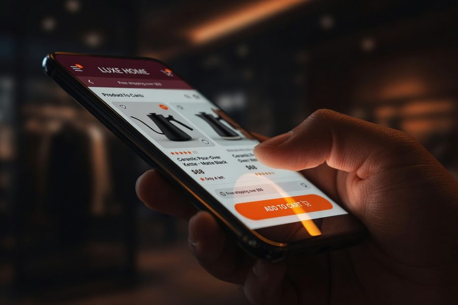 Split view of a smartphone showing push notification alerts from retail apps next to a monthly budget spreadsheet